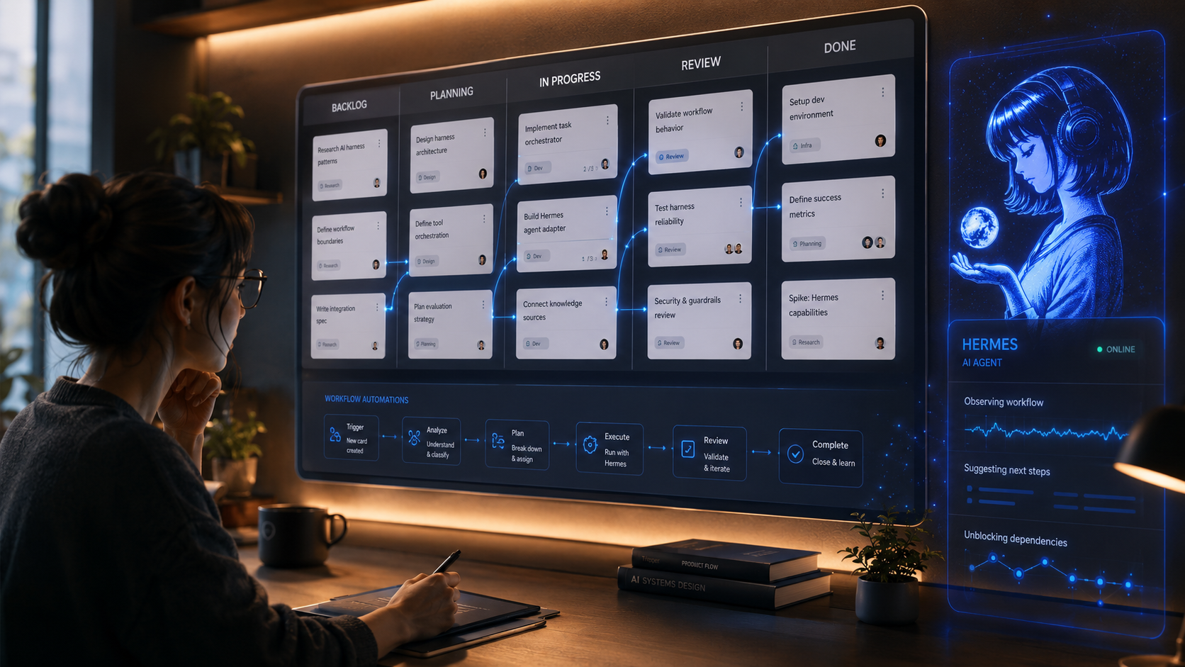 Una persona supervisa un tablero Kanban de desarrollo mientras un agente Hermes observa el flujo, propone tareas y ayuda a desbloquear dependencias.